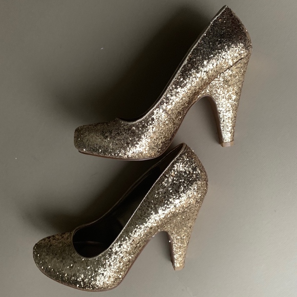 GOLD GLITTER SPARKLE KITTEN HEEL PUMP SHINY FORMAL - Picture 2 of 8